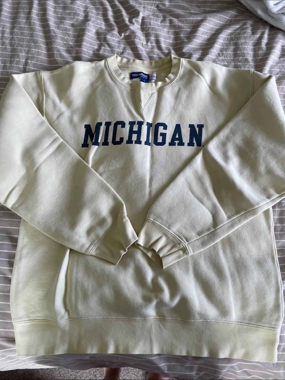 Gildan Cream Crewneck Sweatshirt with Navy MICHIGAN Lettering